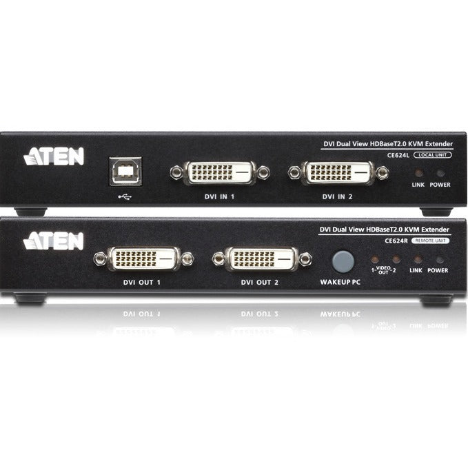 ATEN USB DVI Dual View HDBaseT 2.0 KVM Extender (1920 x 1200 @100 m)-TAA Compliant - 2 Computer(s) - 1 Local User(s) - 492.13 ft Range - WUXGA - 1920 x 1200 Maximum Video Resolution - 2 x Network (RJ-...  - CE624