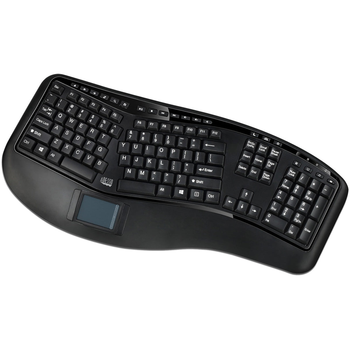 Adesso 2.4GHz Wireless Ergonomic Touchpad Keyboard - Wireless Connectivity - RF - 30 ft - 2.40 GHz - USB Interface - 105 Key Previous Track, Next Track, Play/Pause, Volume Up, Volume Down, Mute, Forwa - WKB-4500UB