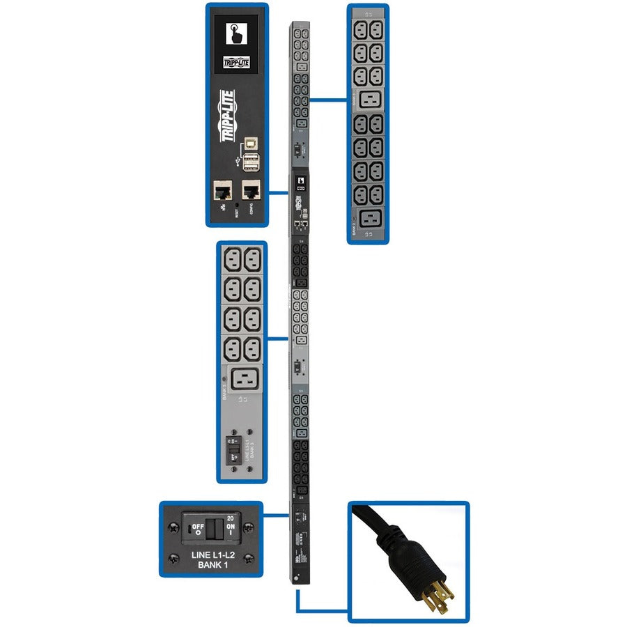 Tripp Lite 3-Phase PDU Monitored 10kW 200/208/240V 42 C13; 6 C19; L15-30P - Monitored - NEMA L15-30P - 6 x IEC 60320 C19, 42 x IEC 60320 C13 - 230 V AC - Network (RJ-45) - 0U - Vertical - MountRack-mo - PDU3EVN6L1530B