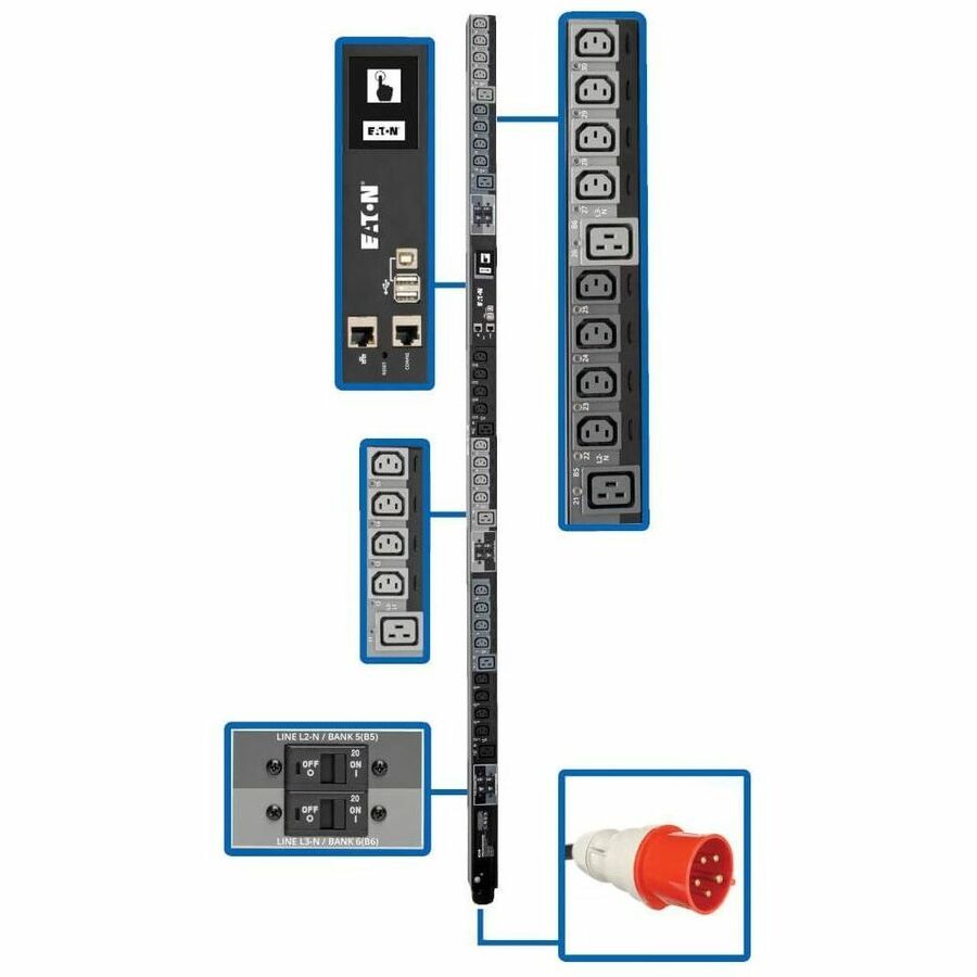 Tripp Lite 3-Phase PDU Switched 22.2kW 220/230V 24 C13 6 C19 Touchscreen 0U - Switched - IEC 60309 32A Red 3P+N+E - 6 x IEC 60320 C19, 24 x IEC 60320 C13 - 380 V AC, 400 V AC - 0U - Vertical - Rack Mo...  - PDU3XEVSR6G32B EATON