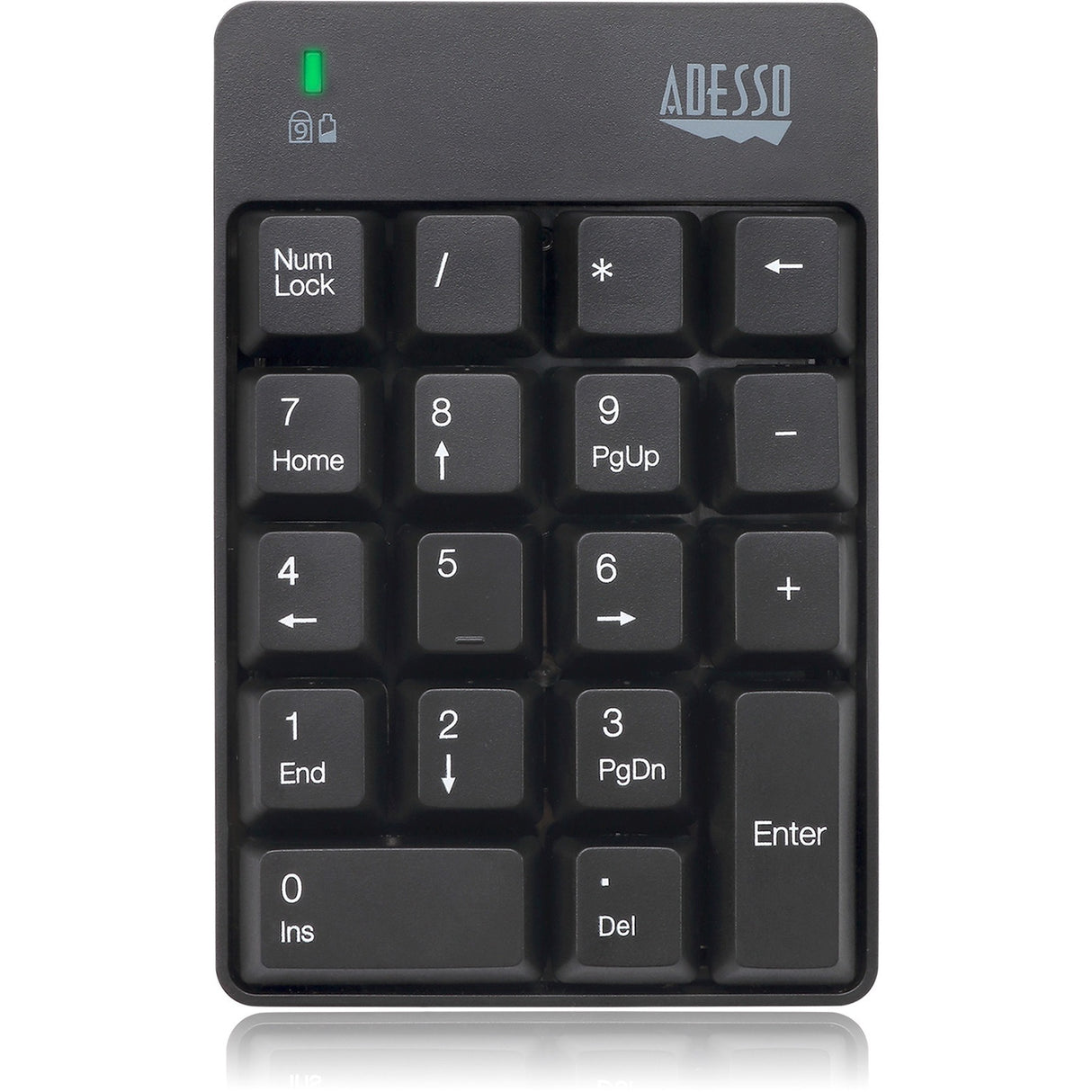 Adesso Wireless Spill Resistant 18-Key Numeric Keypad - Wireless Connectivity - RF - 30 ft - 2.40 GHz - USB Interface - 18 Key - English (US) - Computer - Windows - Membrane Keyswitch - AAA Battery Si - WKB-6010UB