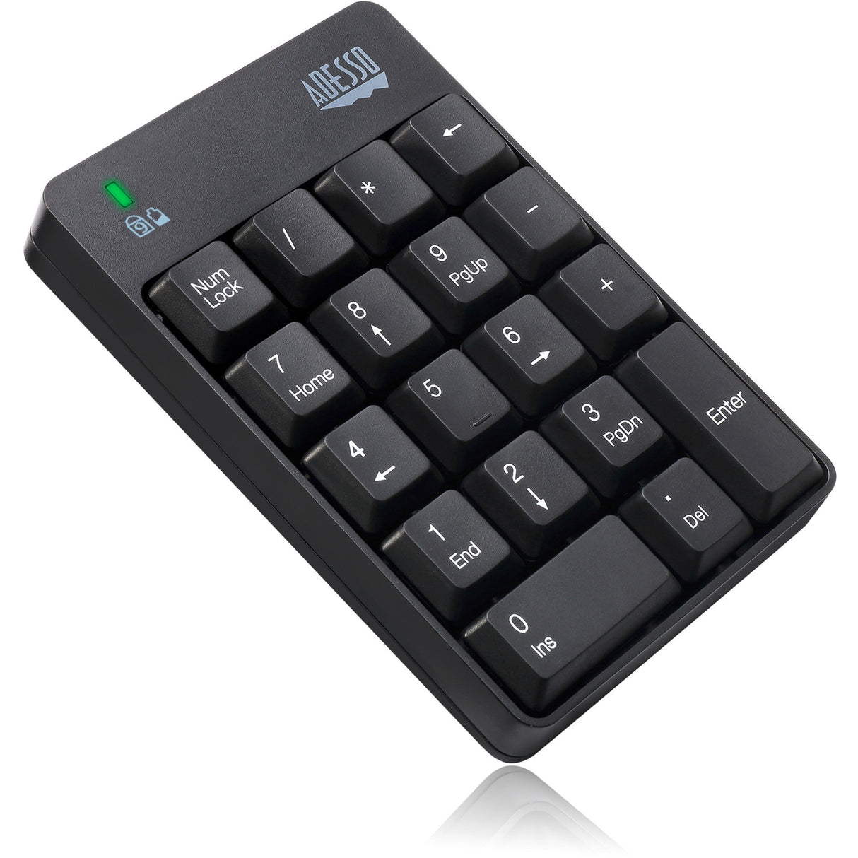 Adesso Wireless Spill Resistant 18-Key Numeric Keypad - Wireless Connectivity - RF - 30 ft - 2.40 GHz - USB Interface - 18 Key - English (US) - Computer - Windows - Membrane Keyswitch - AAA Battery Si - WKB-6010UB