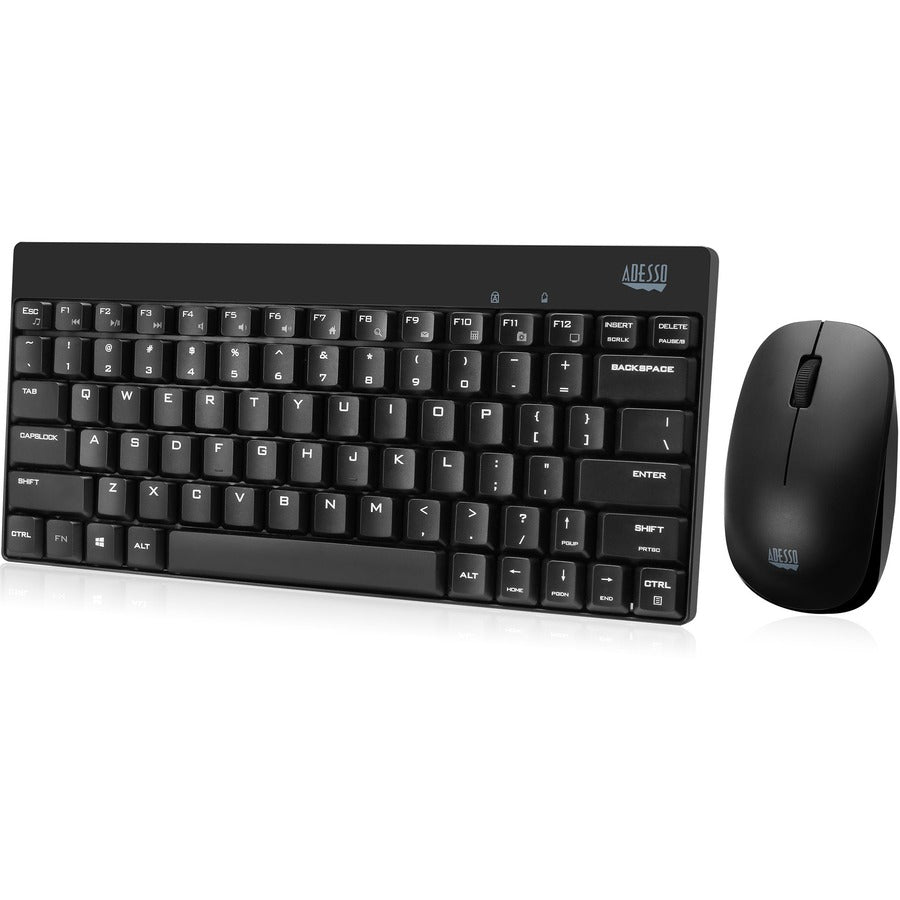 Adesso WKB-1100CB - Wireless Spill Resistant Mini Keyboard &amp; Mouse Combo - USB Membrane Wireless RF Keyboard - 79 Key - English (US) - Black - USB Wireless RF Mouse - Optical - 1200 dpi - Scroll W - WKB-1100CB