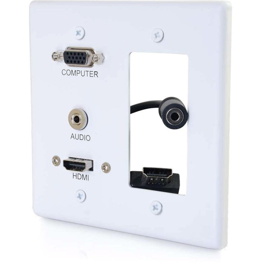 C2G Decorative Dual Gang VGA, 3.5mm Audio and HDMI Wall Plate White - 2-gang - White - Aluminum, Polyvinyl Chloride (PVC) - 1 x HDMI Port(s) - 1 x Mini-phone Port(s) - 1 x VGA Port(s) - 39877