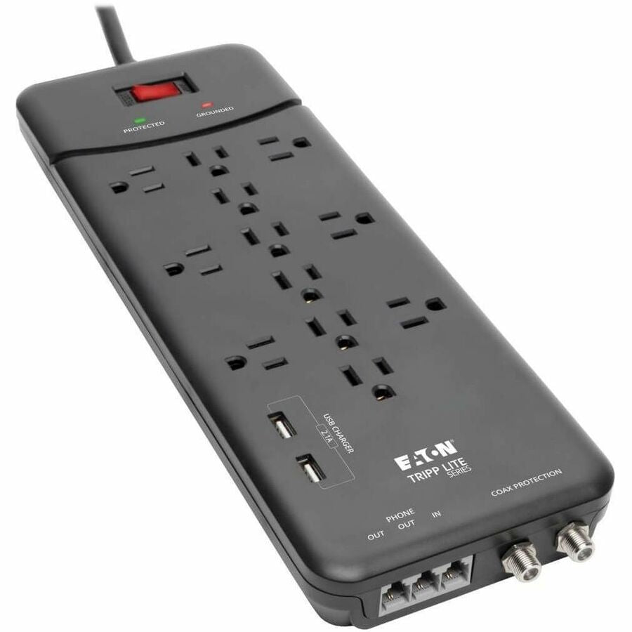 Tripp Lite Surge Protector Power Strip 12 Outlets, 2 USB Charging Ports Tel/Modem/Coax - 12 x NEMA 5-15R, 2 x USB - 1800 VA - 4320 J - 120 V AC Input - Phone/Fax/Modem/DSL, Coaxial Cable Line - TLP128TTUSBB