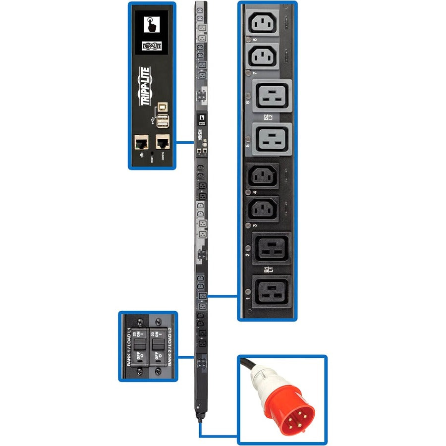 Tripp Lite 3-Phase PDU Switched 22.2kW 220/230V 12 C13; 12 C19 32A Red TAA - Switched - IEC 60309 32A Red 3P+N+E - 12 x IEC 60320 C13, 12 x IEC 60320 C19 - 380 V AC, 400 V AC - Network (RJ-45) - 0U - ...  - PDU3XEVSR6G32A