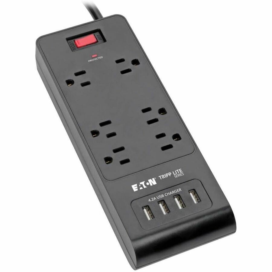 Tripp Lite Surge Protector Power Strip 6-Outlets 4 USB Ports 6ft Cord Black - 6 x NEMA 5-15R, 4 x USB - 1875 VA - 900 J - 120 V AC Input - TLP664USBB