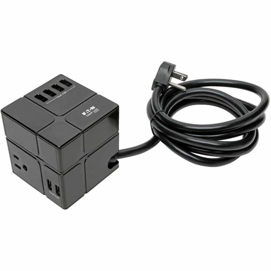 Tripp Lite Surge Protector Power Cube 3-Outlet 6 USB-A 7.2A 6ft Cord Black - 3 x NEMA 5-15R, 6 x USB - 1800 VA - 540 J - 120 V AC Input - TLP366CUBEUSBB