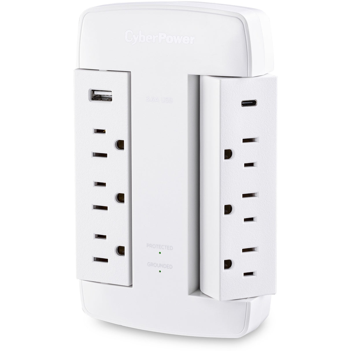 CyberPower CSP600WSURC5 Professional 6 - Outlet Surge with 900 J - NEMA 5-15P, Wall Tap, 2 - 3.6 Amps (Shared) USB, Lifetime Warranty - CSP600WSURC5