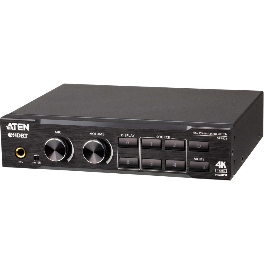 ATEN 4 x 2 True 4K Presentation Matrix Switch with Scaling, DSP, and HDBaseT-Lite - 4096 x 2160 - 4K - Twisted Pair - 4 x 2 - Notebook, Media Player - 1 x HDMI Out - VP1421