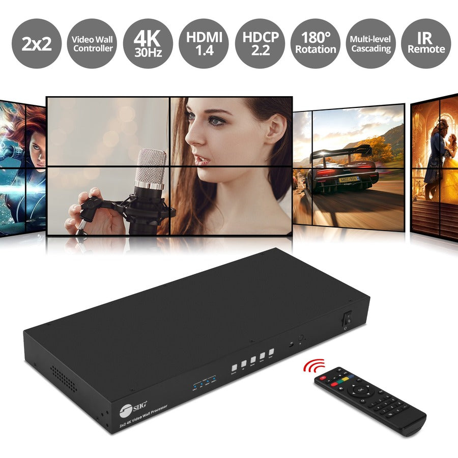 SIIG 2x2 4K Video Wall Processor with USB-C / DVI / HDMI Inputs with EDID management - Multi-level Cascading - Supports 180&deg; HDMI image rotation - CE-H26E11-S1