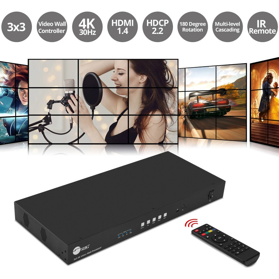 SIIG 3x3 4K Video Wall Processor with USB-C / DP / VGA / HDMI Input with EDID Management - Multi-level Cascading - Supports 180&deg; HDMI image rotation - CE-H26F11-S1