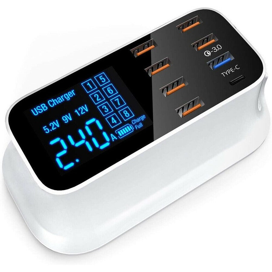 4XEM 40W 8-Port USB Desktop Charger Quick Charge (QC) - 1 Pack - 40 W - 120 V AC, 230 V AC Input - 5 V DC/3 A, 9 V DC, 12 V DC Output - White - 4XSMARTPWR8QC3