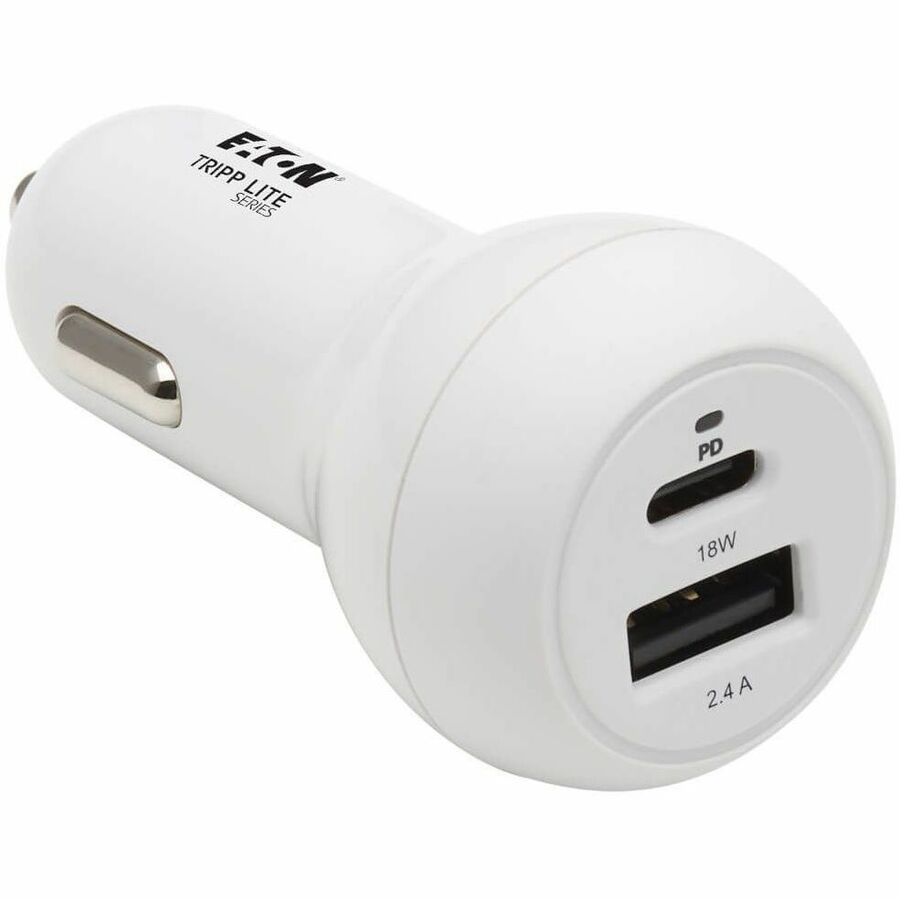 Tripp Lite USB Car Charger Dual-Port USB C 18W, USB-A 12W w/ Lightning Cable - 12 V DC Input - 5 V DC/3 A Output - White - U280-C02-30W-K
