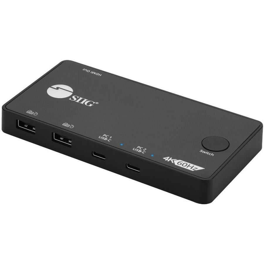SIIG 2x1 USB-C 4K Video KVM Switch - 2x1 USB-C KVM Switch, Allows you to control 2 USB-C 4K computers using one keyboard and mouse - HDMI 4K@60Hz, 18G, HDCP 2.2, 7.1ch, USB 2.0, Switch Button, works with Apple, HP, Dell & Lenovo