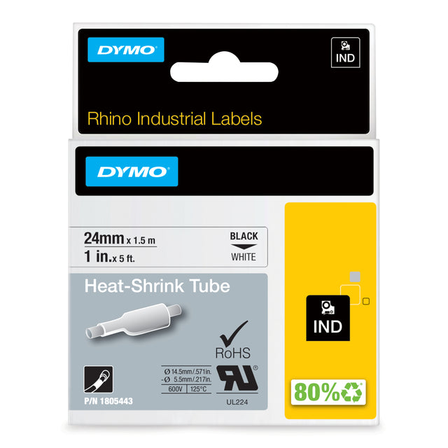 DYMO Rhino Industrial Heat-Shrink Cable Label Tubes | 24 mm x 1.5 m | Black Print on White | Self-Adhesive | for Rhino Label Makers - 1805443 DYMO