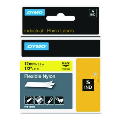 Rhino Flexible Nylon Industrial Label Tape, 0.5" x 11.5 ft, Yellow/Black Print - 18490
