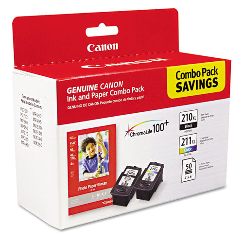 CANON  (PGI-210XL/CL-211XL) ChromaLife100+ High-Yield Ink/Paper Combo, Black/Tri-Color - 2973B004