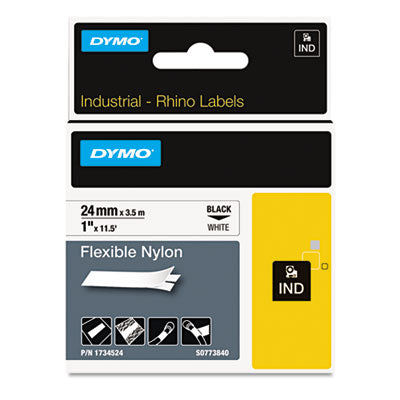 Rhino Flexible Nylon Industrial Label Tape, 1" x 11.5 ft, White/Black Print - 1734524