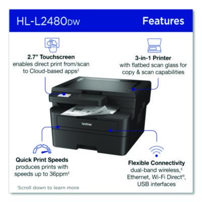 Wireless HL-L2480DW Compact Monochrome Multi-Function Laser Printer, Copy/Print/Scan - HLL2480DW