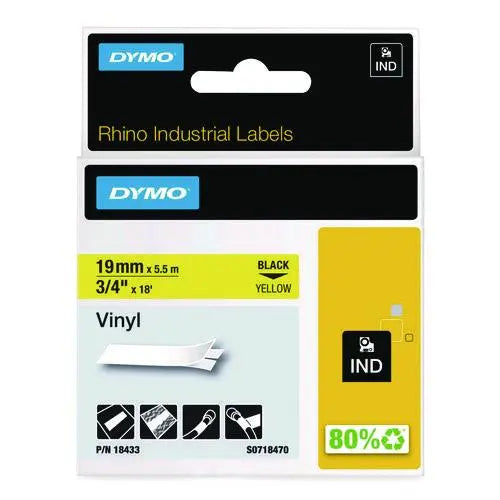 DYMO Rhino Permanent Vinyl Industrial Label Tape, 0.75" x 18 ft, Yellow/Black Print - 18433 DYMO