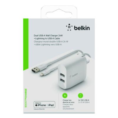 BOOST CHARGE Dual USB-A Wall Charger + Lightning to USB-A Cable, White - WCD001DQ1MWH BELKIN
