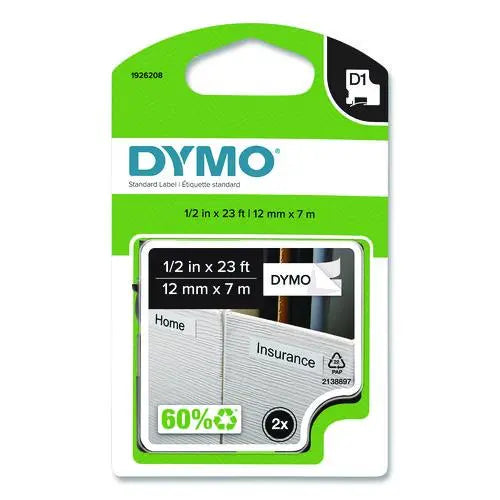 DYMO D1 Standard Labels, 0.5" x 23 ft, Black Print on White Tape, 2/Pack - 1926208 DYMO