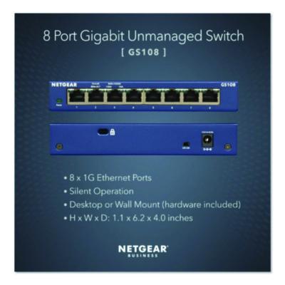 Unmanaged Gigabit Ethernet Switch, 16 Gbps Bandwidth, 192 KB Buffer, 8 Ports - GS108-400NAS