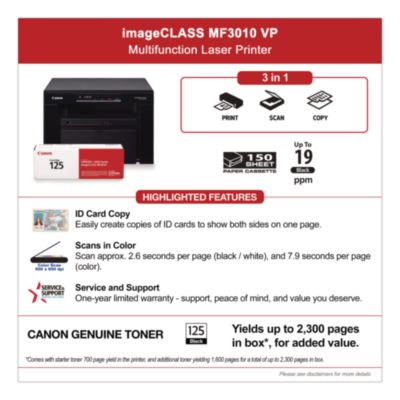 imageCLASS MF3010VP Wireless Multifunction Laser Printer, Copy/Print/Scan - 5252B037