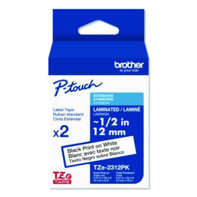 TZe Standard Adhesive Laminated Labeling Tapes, 0.47" x 26.2 ft, Black on White, 2/Pack - TZE2312PKG