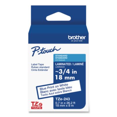 TZe Standard Adhesive Laminated Labeling Tape, 0.7" x 26.2 ft, Blue on White - TZE243G