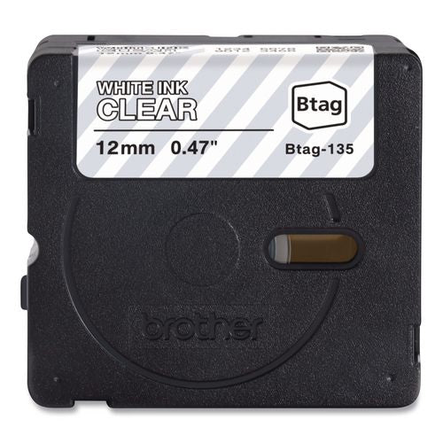 BROTHER Genuine P-Touch BTAG Label Tapes, 0.47" x 13.1 ft, White on Clear - BTAG135