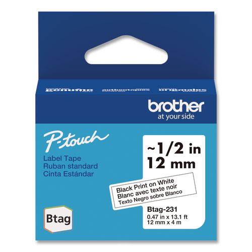 BROTHER Genuine P-Touch BTAG Label Tapes, 0.47" x 13.1 ft, Black on White - BTAG231