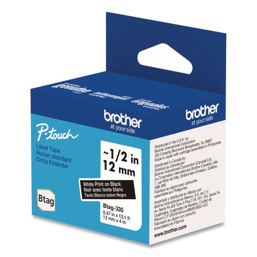 BROTHER Genuine P-Touch BTAG Label Tapes, 0.47" x 13.1 ft, White on Black - BTAG335