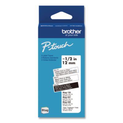 Genuine P-Touch BTAG Label Tapes, 0.47" x 13.1 ft, White on Clear, Black on White, White on Black, 3/Pack - BTAG3M01