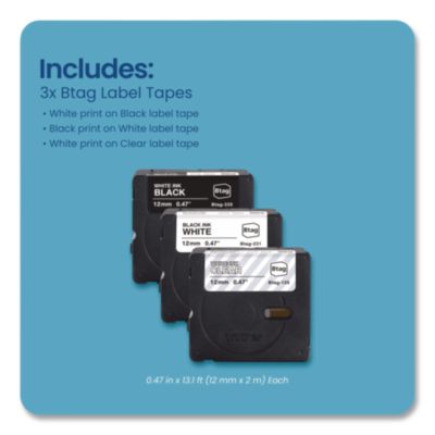 Genuine P-Touch BTAG Label Tapes, 0.47" x 13.1 ft, White on Clear, Black on White, White on Black, 3/Pack - BTAG3M01