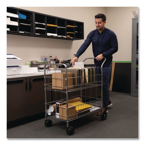 FELLOWES Wire Mail Cart, Metal, 2 Bins, 21.5" x 37.5" x 39.5", Chrome - 40912