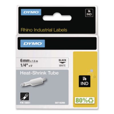 Rhino Heat Shrink Tubes Industrial Label Tape, 0.25" x 5 ft, White/Black Print - 18051
