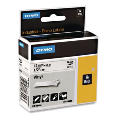 Rhino Permanent Vinyl Industrial Label Tape, 0.5" x 18 ft, Black/White Print - 1805435