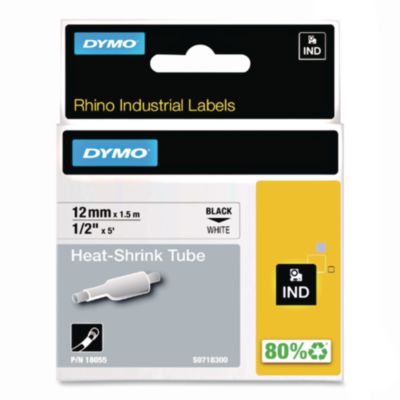 Rhino Heat Shrink Tubes Industrial Label Tape, 0.5" x 5 ft, White/Black Print - 18055