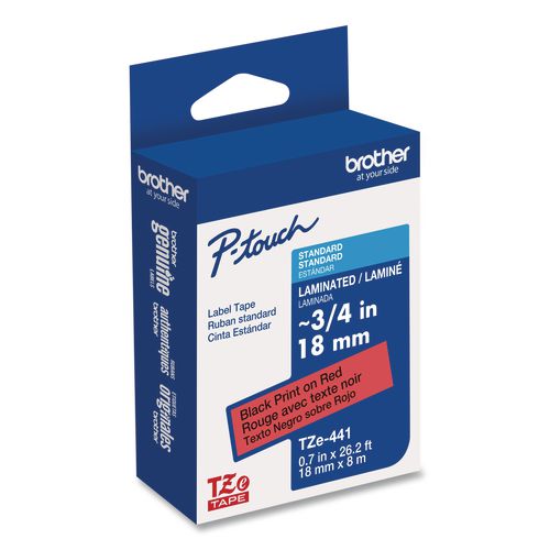 BROTHER TZe Standard Adhesive Laminated Labeling Tape, 0.7" x 26.2 ft, Black on Red - TZE441
