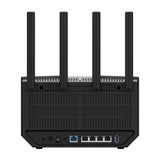 Black router with multiple antennas on a white background