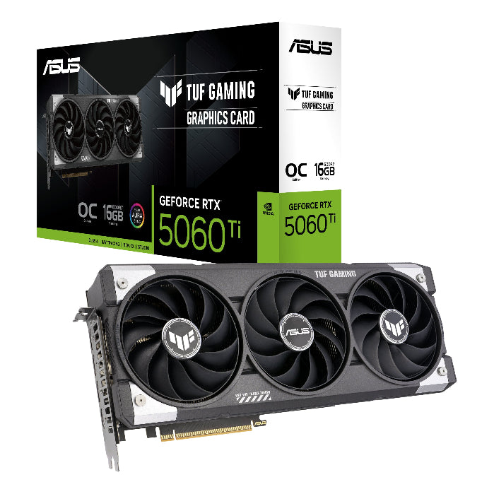 Asus TUF Gaming GeForce RTX 5060 Ti graphics card with packaging on a white background