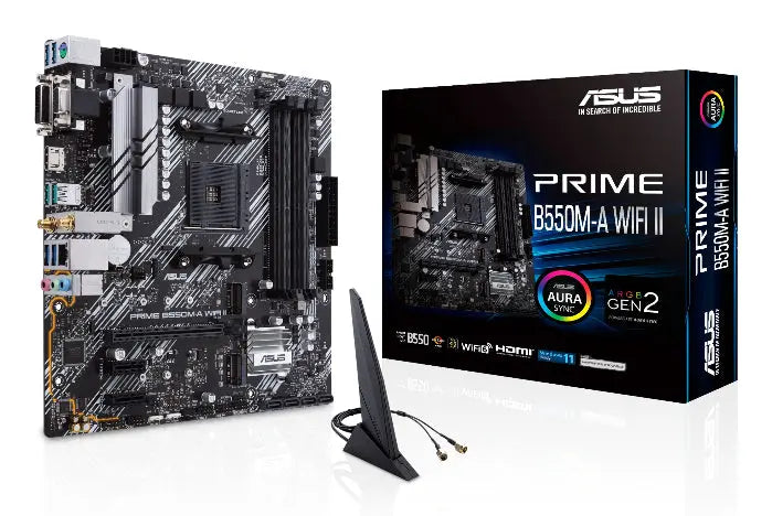Asus Prime B550M-A WiFi II motherboard and its packaging on a white background