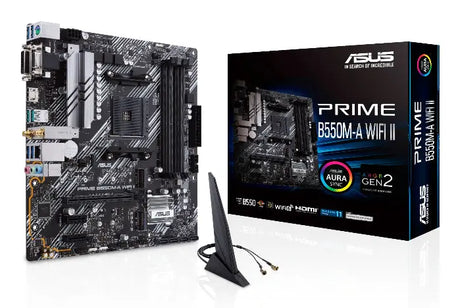Asus Prime B550M-A WiFi II motherboard and its packaging on a white background