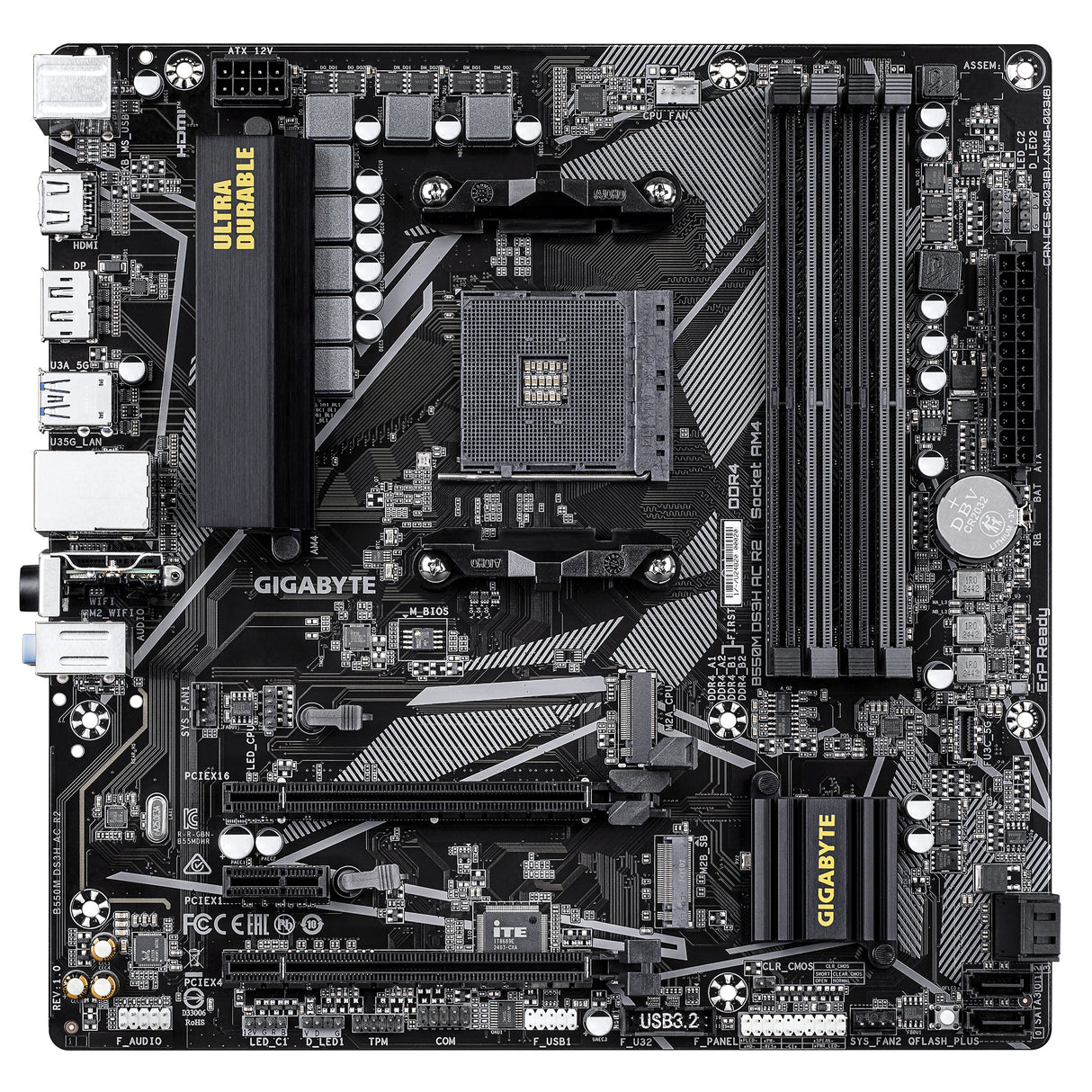 GIGABYTE B550M DS3H AC R2 Motherboard - AMD Ryzen 5000 CPUs, 5+3 Phases VRM, up to 4733MHz DDR4 (O.C.), 1xPCIe 4.0 + 1xPCIe 3.0 M.2, Wi-Fi 5, 1GbE LAN, USB 3.2 Gen 1 - B550M DS3H AC R2