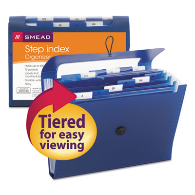 Step Index Organizer, 12 Sections, Cord/Hook Closure, 1/6-Cut Tabs, Letter Size, Navy - 70902