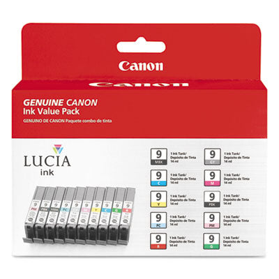 1033B005 (PGI-9) Lucia Ink, Cyan/Gray/Green/Magenta/Matte Black/Photo Black/Photo Cyan/Photo Magenta/Red/Yellow, 10/Pack - 1033B005