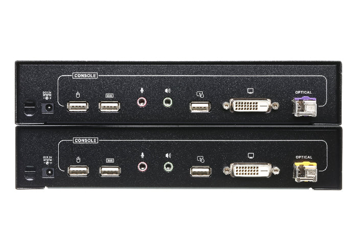 Two black electronic devices with various ports on a white background