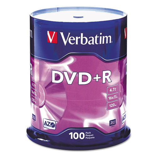 VERBATIM DVD+R Recordable Disc, 4.7 GB, 16x, Spindle, Silver, 100/Pack - 95098